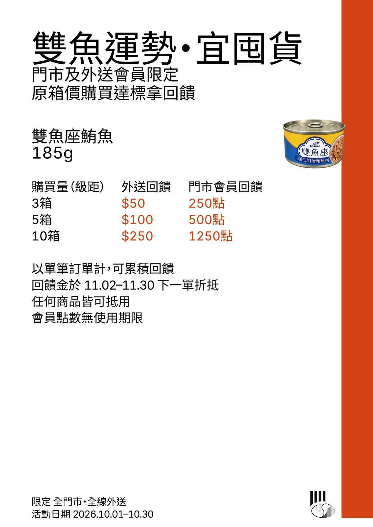 雙魚運勢・宜囤貨，門市及外送會員限定，原箱價購買達標享回饋，限定全門市、全線外送，活動日期 2026.10.01–10.30