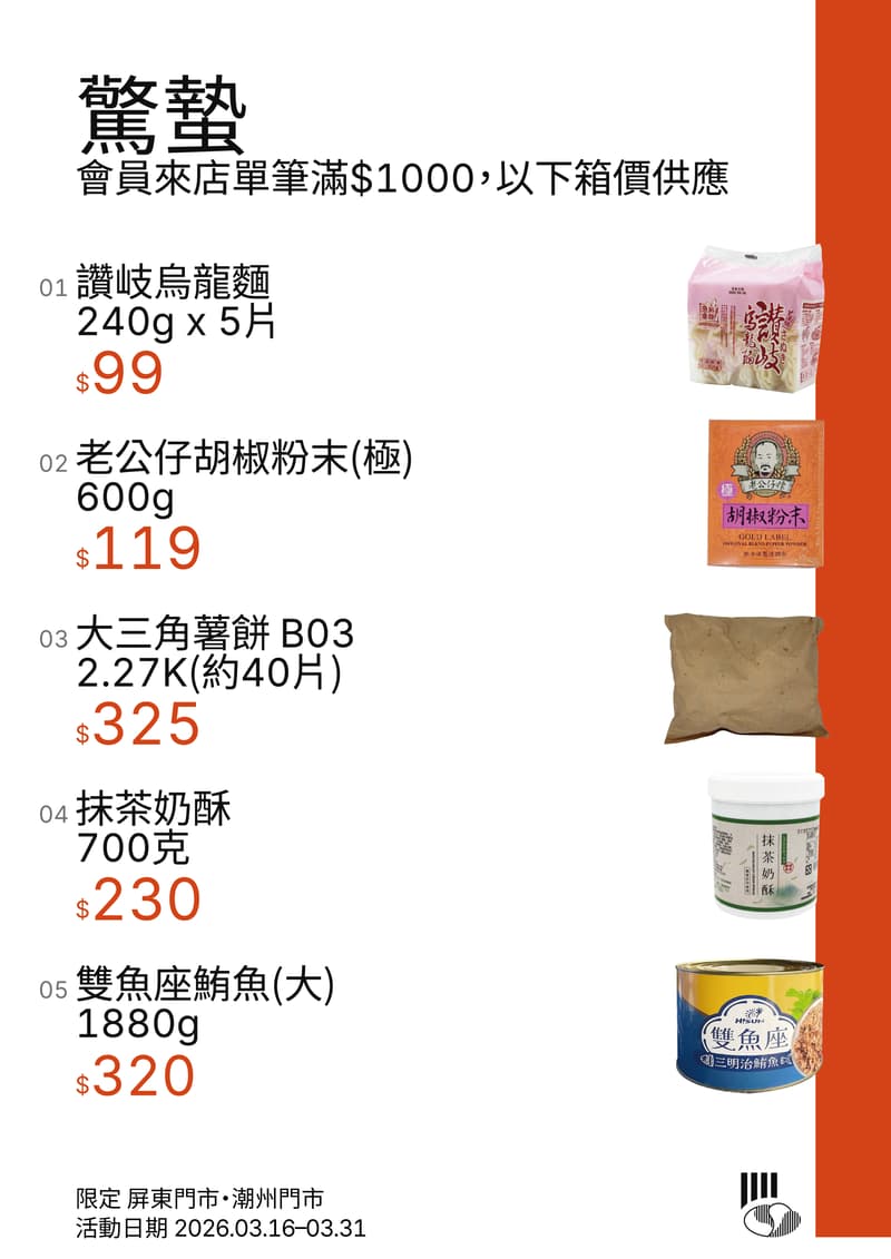 驚蟄促銷海報 會員來店單筆滿$1000，以下箱價供應。品項包括讚岐烏龍麵240g*5片、老公仔胡椒粉末(極)600g、大三角薯餅B03 2.27K(約40片)、抹茶奶酥700克、雙魚座鮪魚(大)1880g。限定屏東門市、潮州門市，活動日期 2026.03.16–03.31。